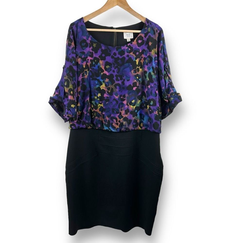 Eci New York Women's Size 20W Purple Animal Print Blouson Dress Roll Tab Sleeves